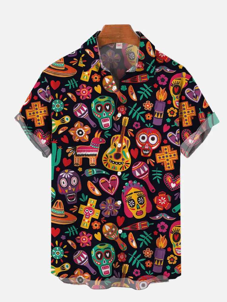 Fashion Mens Hawaiian Shirt Mexican Style Colorful Graffiti Art Poster Printing Short Sleeve Hawaiian Style Clothing M250320