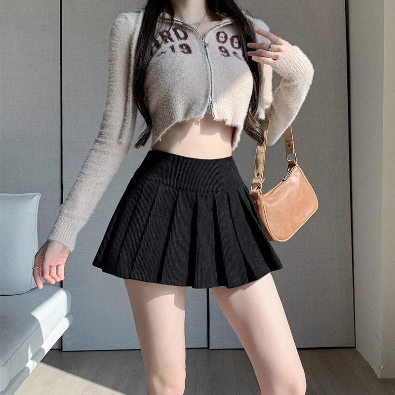 Autumn Winter Retro Womens Corduroy Pleated Skirt High Waist Casual Vintage School Short Saias Femme 250320