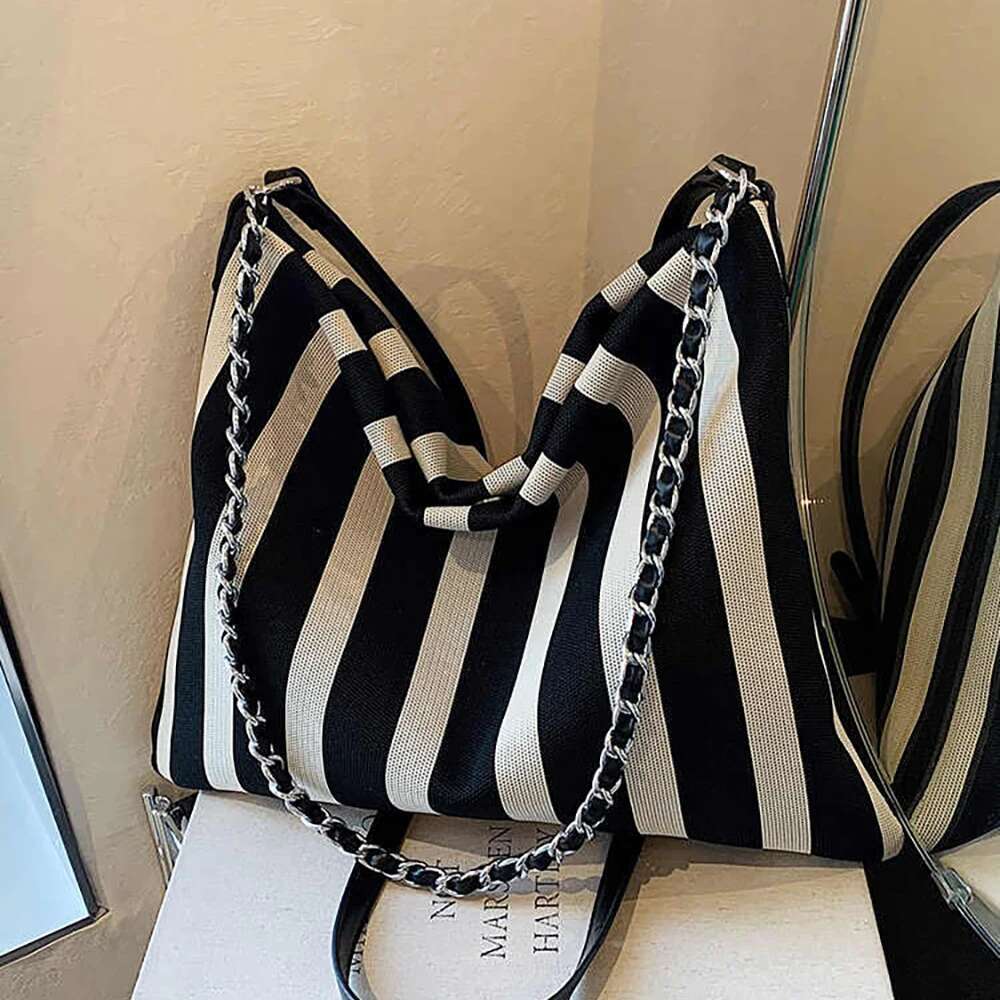 Black White Striped Canvas Tote For Women Large Capacity Chains Shoulder Bags College Student Underarm Bag Casual Crossbody