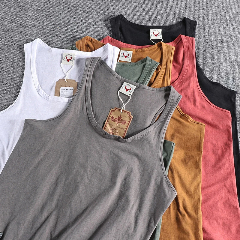 Summer American Retro Sleeveless Oneck Soild Sleeve Tshirt Mens Fashion 100 Cotton Washed Old Casual Sports Vest Tops 250319