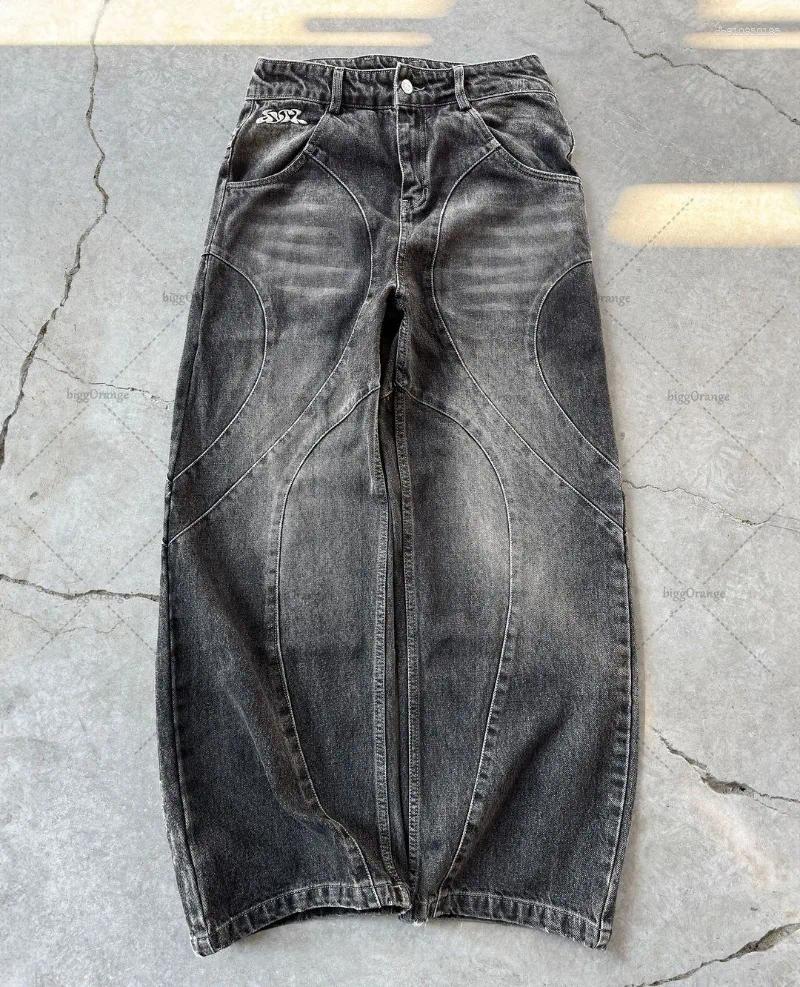 Men's Jeans 2025 High Street Trendy Brand Baggy Wide Leg Men Harajuku Y2K Streetwear Punk Retro Embroidery Splicing Straight Pants