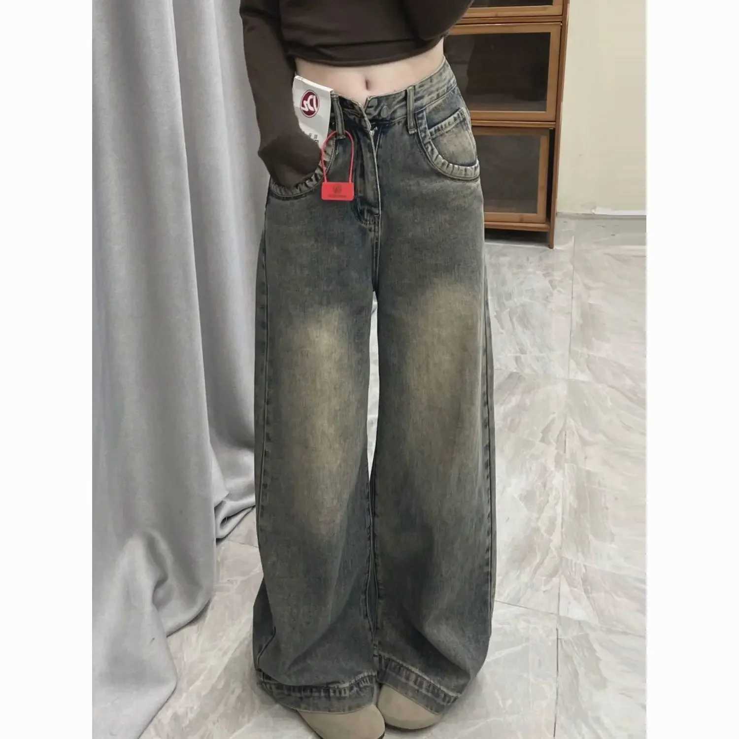 Vintage Distressed Wide-leg Jeans Womens Spring Summer New Loose-fit Slimming Draped Versatile Trailing Straight-leg TrousersT250319