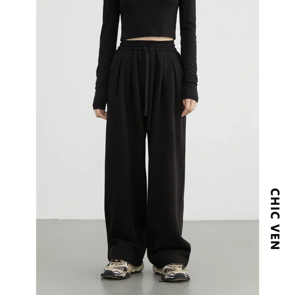 CHIC VEN womens solid loose brushed sports casual mens high waisted pants autumn/winter 250314