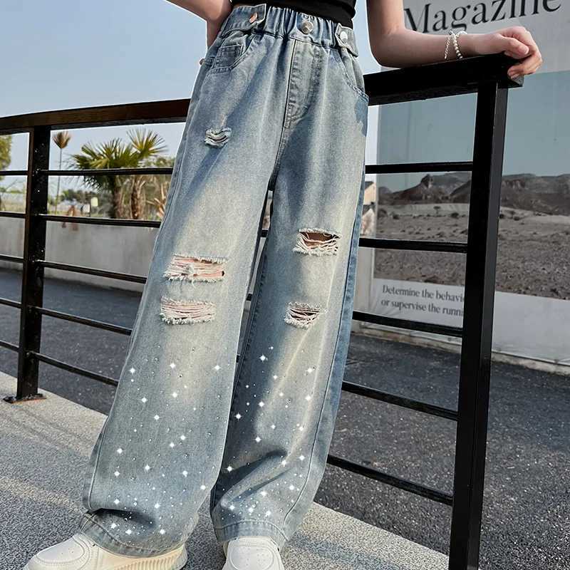 Girls jeans 2024 spring/summer childrens new Korean version perforated hot diamond denim wide leg pants fashionable and queer childrens pantsT2502320