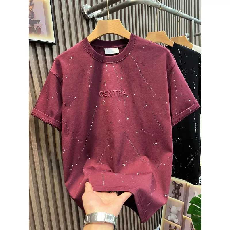 Fashion brand splash ink embroidered short sleeved T-shirt mens 2025 summer new fashion casual round neck half sleeved topT250319