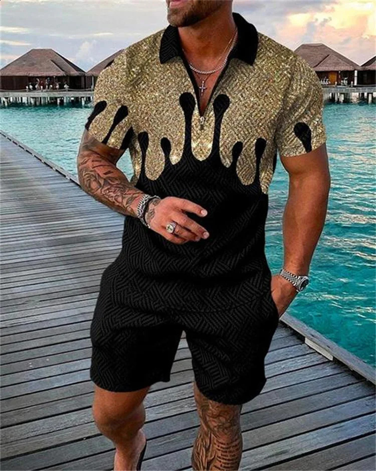 Summer trend printed mens track set casual zipper collar polo shirtshorts 2-piece set color printed streetwear mens clothing 250318