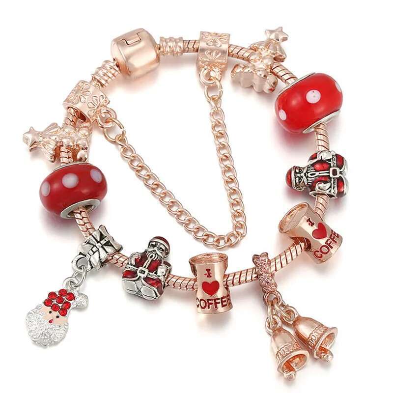 2024 Trendy Rose Gold Bells Pendant Charm Bracelets on Hand With Santa Claus Beads Bracelet For Women Kids Xmas Jewelry Hot Sale