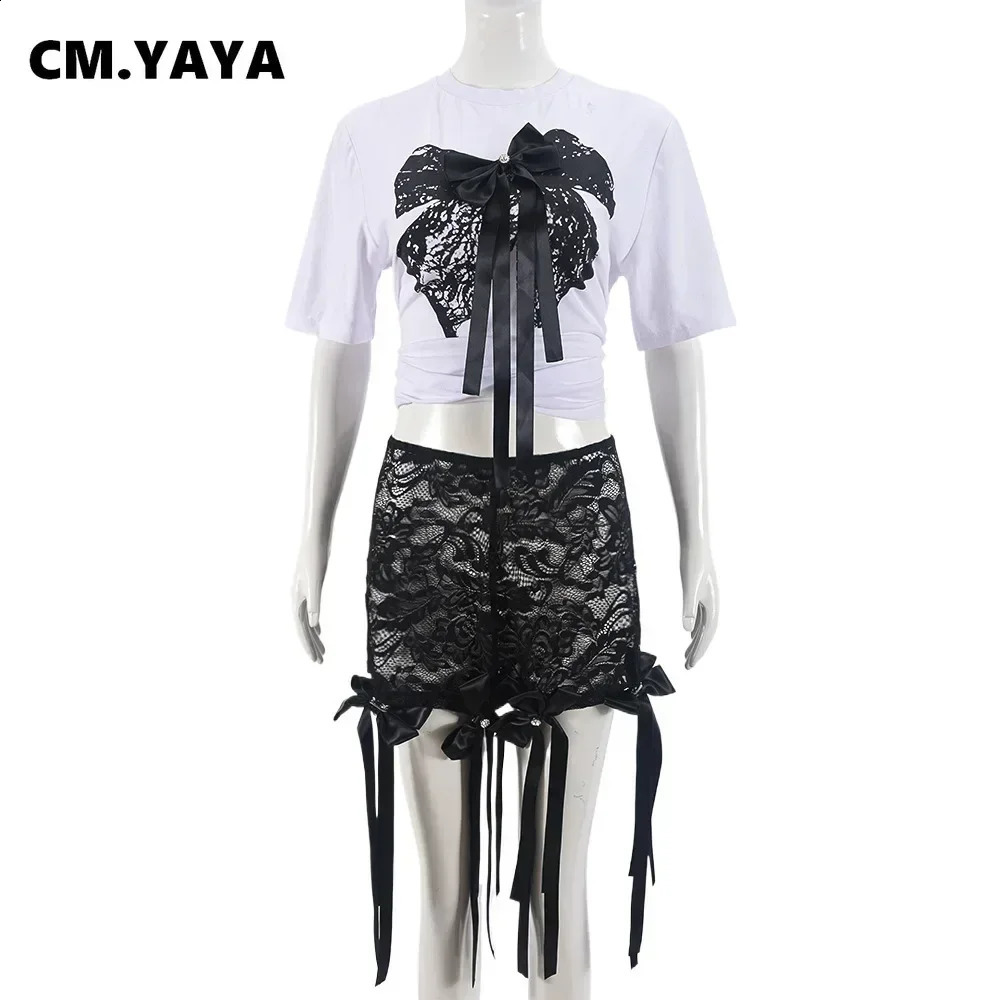 CM. YAYA Womens Bow O-neck Short sleeved Top and Lace Short sleeved Set Casual Two piece Set Summer Sportswear 250318