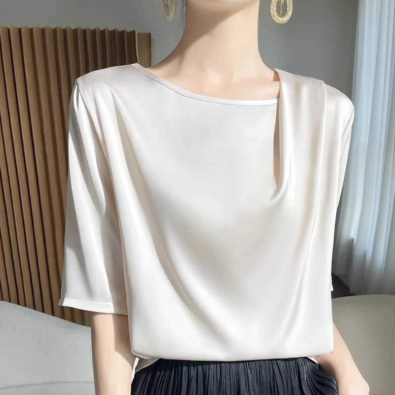 Spring/Summer Womens Silk T-shirt Half Sleeve Womens O-neck Solid Color Fashion Womens Clothing T-shirt Casual Loose T-shirtT250320