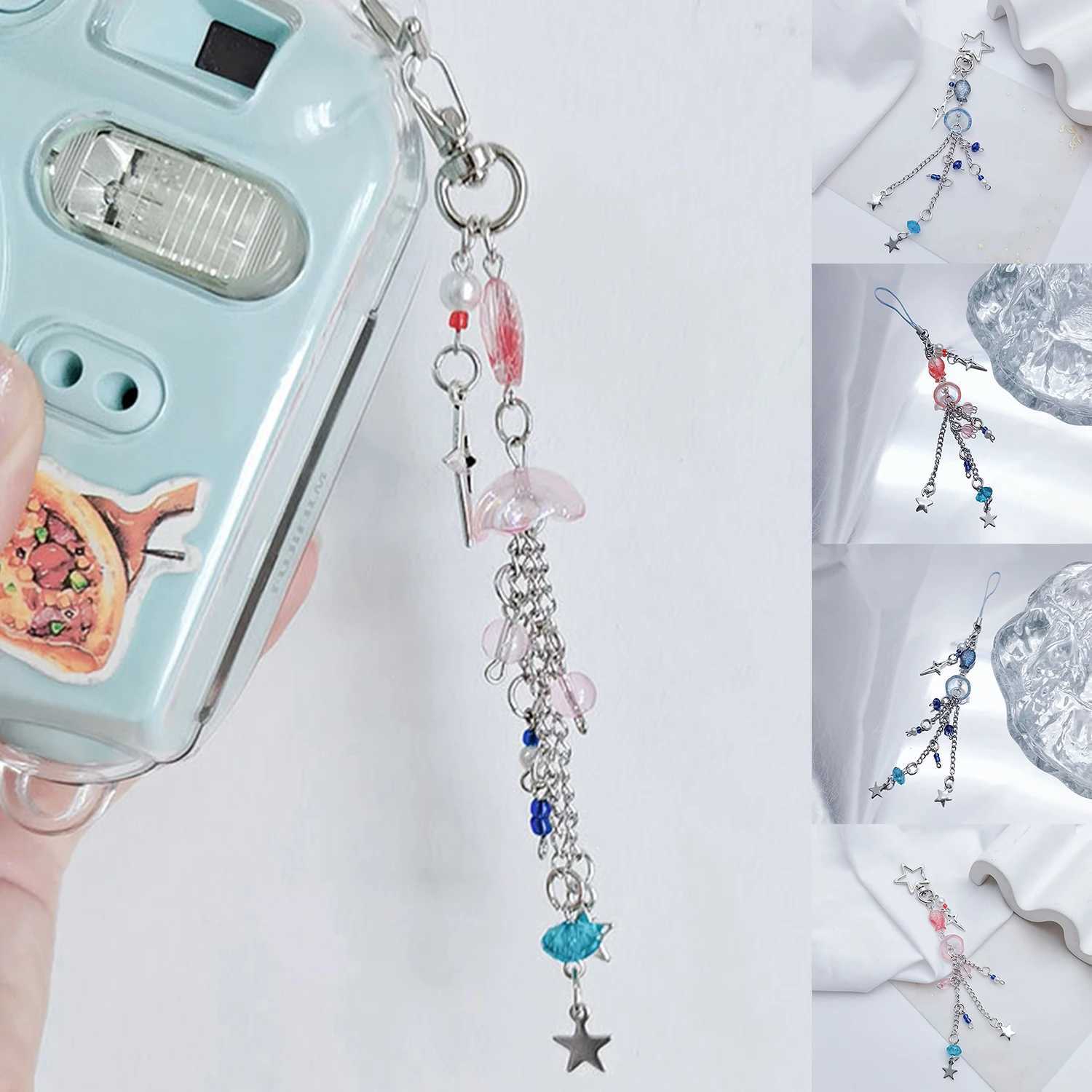 Ocean themed inspiration hollow star pendant blue jellyfish mobile phone charm hanging rope cute mobile phone chain with Y2K bead key chainXJ250319
