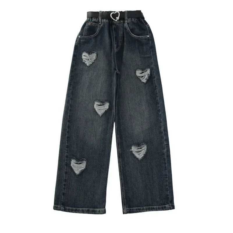 Girls school wide leg jeans heart-shaped tear design casual loose fit 2024 childrens fashion pants childrens Korean style TrousersT250326