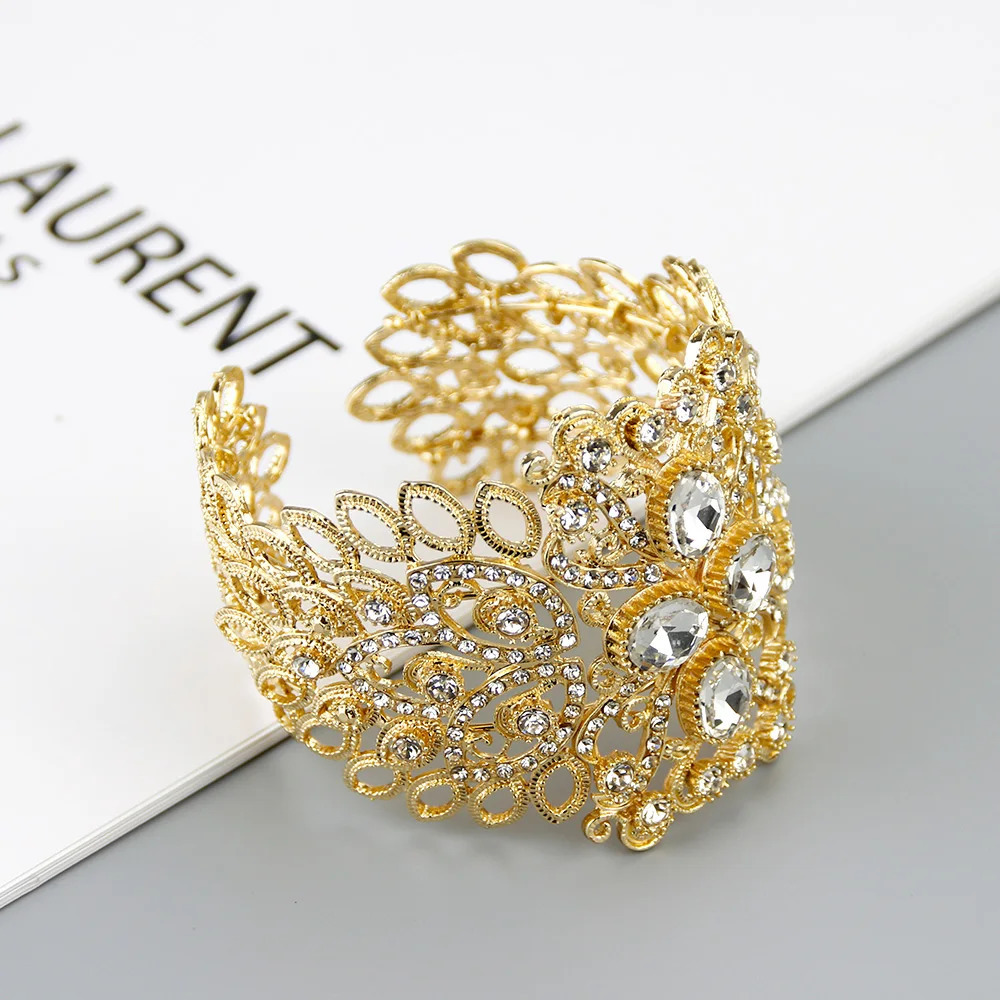 Sunspicems Gold Color Wide Arabic Bangle Morocco Rhinestone Cuff Bracelet for Women Dubai Ethnic Wedding Jewelry Wholesale 250320