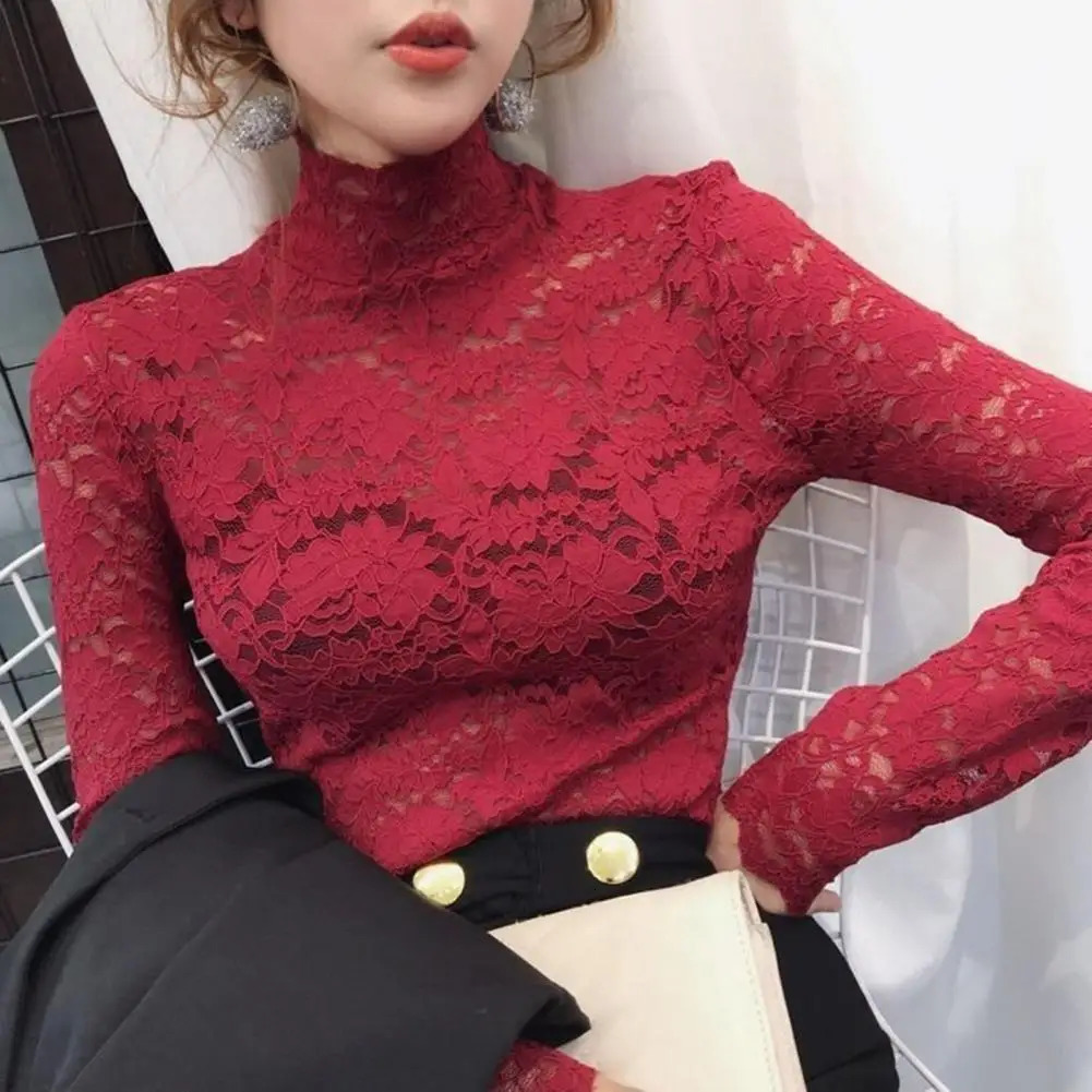 Women Blouse Half High Collar Long Sleeves Lace Top See-Through Slim Lace Crochet Patchwork Hollow Lady Tee Top Streetwear 250320