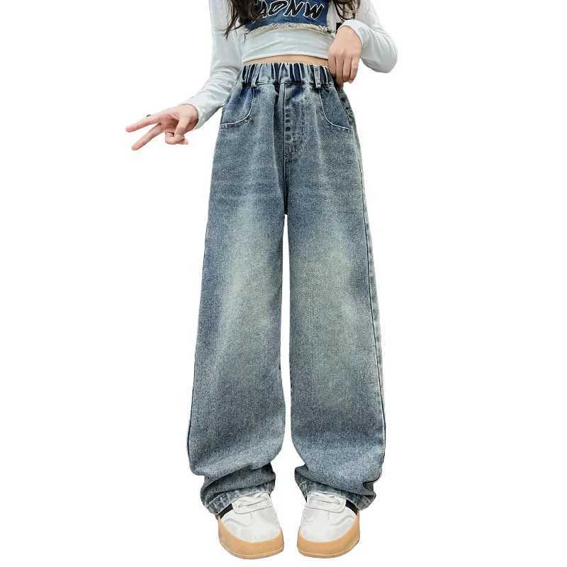 Fashion Girls Wide Leg Pants Jeans New Spring Autumn Kids Blue Denim Trouser Womens Loose Jeans Childrens School ClothingT250326