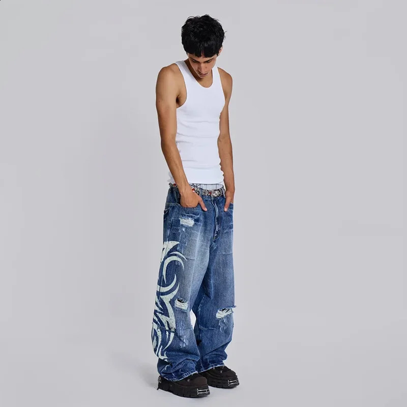 Y2K American Retro Print Pattern Washed Holes Baggy Jeans Mens Hip Hop Gothic Casual Joker Couple Wide Trousers Street Wear 250319