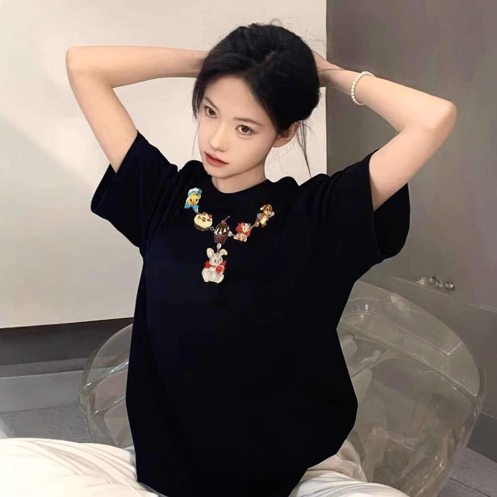 Top Shirts for Women Designer 100% Pure Cotton American High Street Shoulder Short Sleeved T-shirt for Women in Summer 2025 New Niche Lazy Design Top