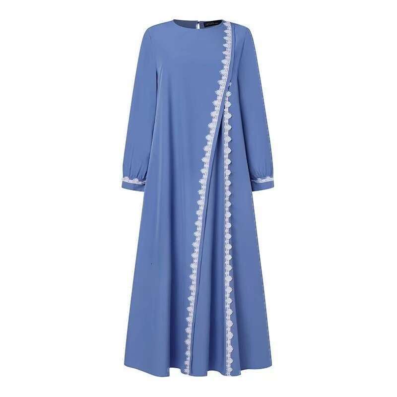 2024 New Muslim Robe Fashion Long Sleeve Lace Edge Women's Spring And Summer Casual Dress