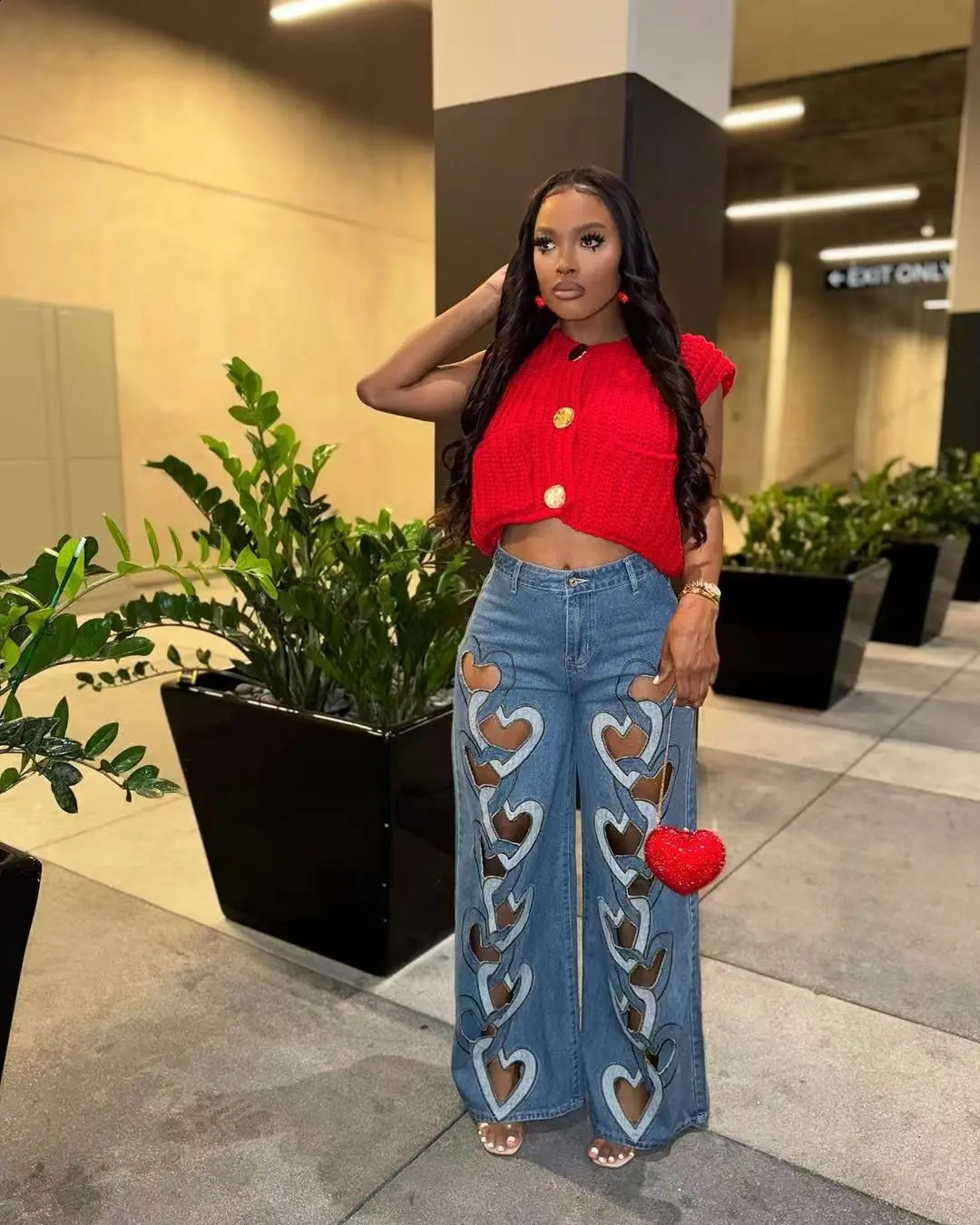Wide leg jeans heart-shaped pants sexy womens high waisted elegant hollow denim straight pants 250314