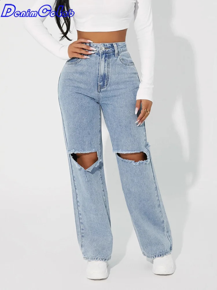 Denimcolab high waisted straight pants fashionable hole knee jeans womens loose boyfriend jeans womens streetwear 250314