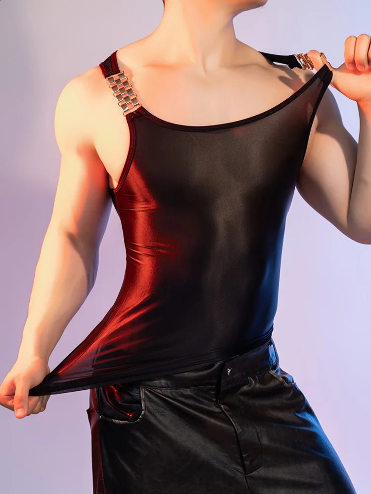 Sexy mens shiny oil tank top dyed smooth waistband transparent fashionable high elasticity sleeveless shirt 250319
