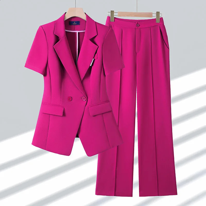 Fuchsia womens summer thin short sleeved jacket formal work pants set 2piece office suit 2024 250319