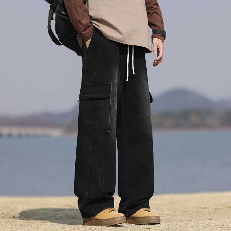 American retro cargo pants mens wide leg large pocket casual loose patchwork work pants fashionable Korean streetwearT250319