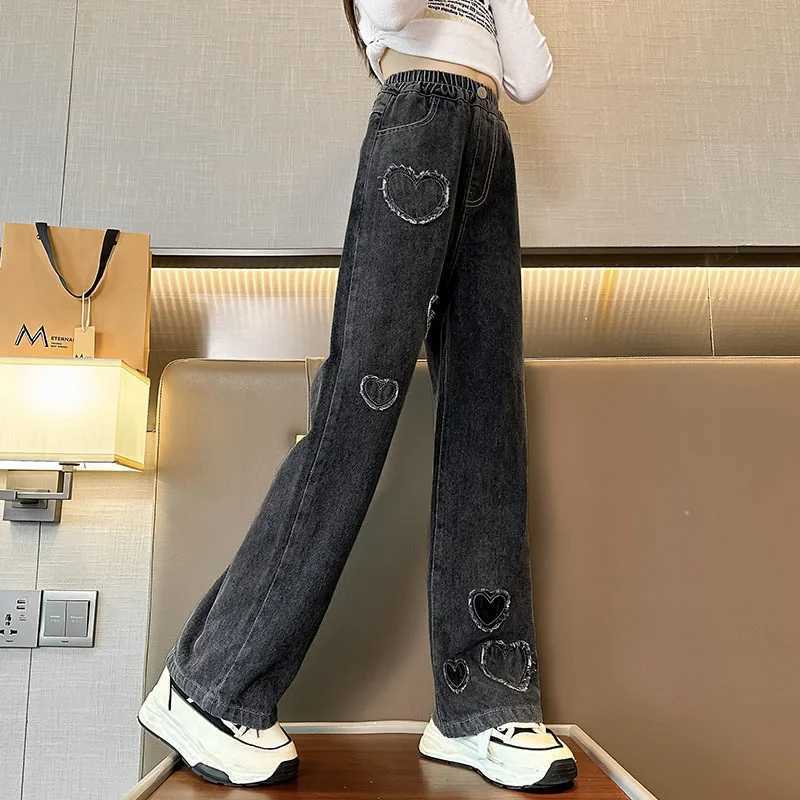 2025 Spring Autumn Girls Love Rough Edges Jean Korean Version Style Kids Middle Waist Cowboy Pants Elastic Waist Long PantsT250326