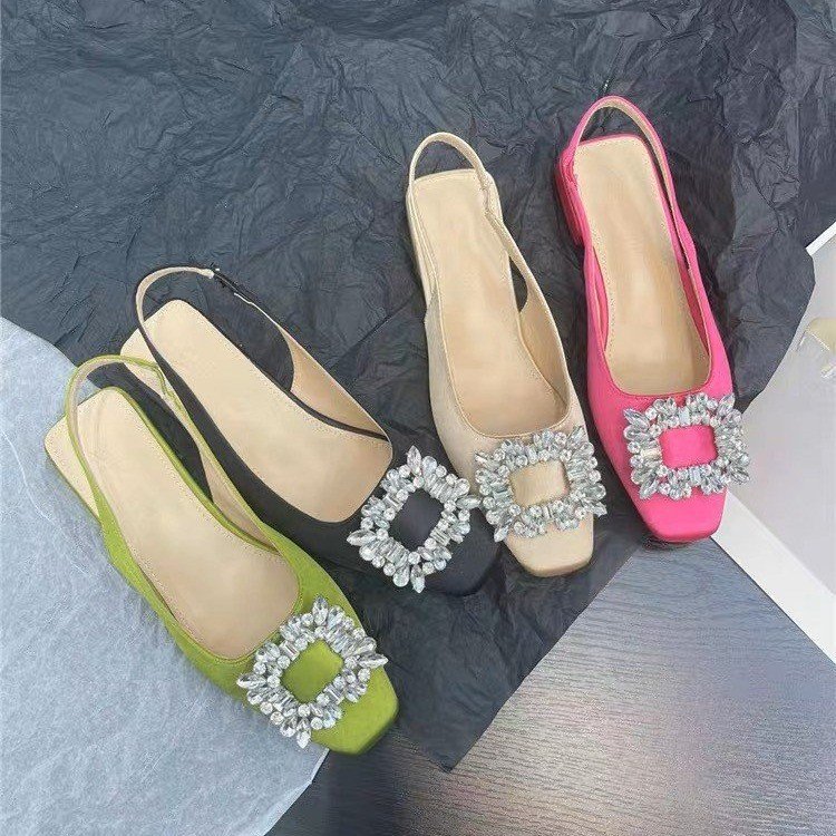 Women's open-back single shoes with square toes thick heels square buckles rhinestones fairy style and French style for summer new