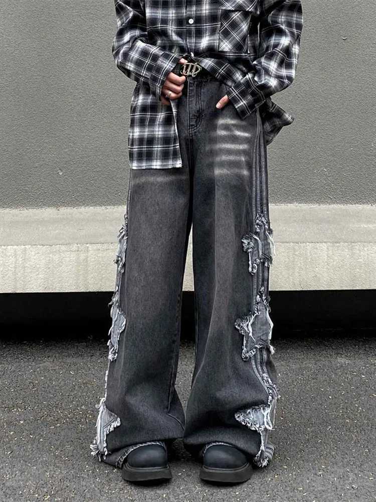 2024 Clothing Y2K Streetwear Star Patch Embroidery Baggy Stacked Jeans Pants For Men Clothes Wide Leg Old Straight Denim TrousersT250319