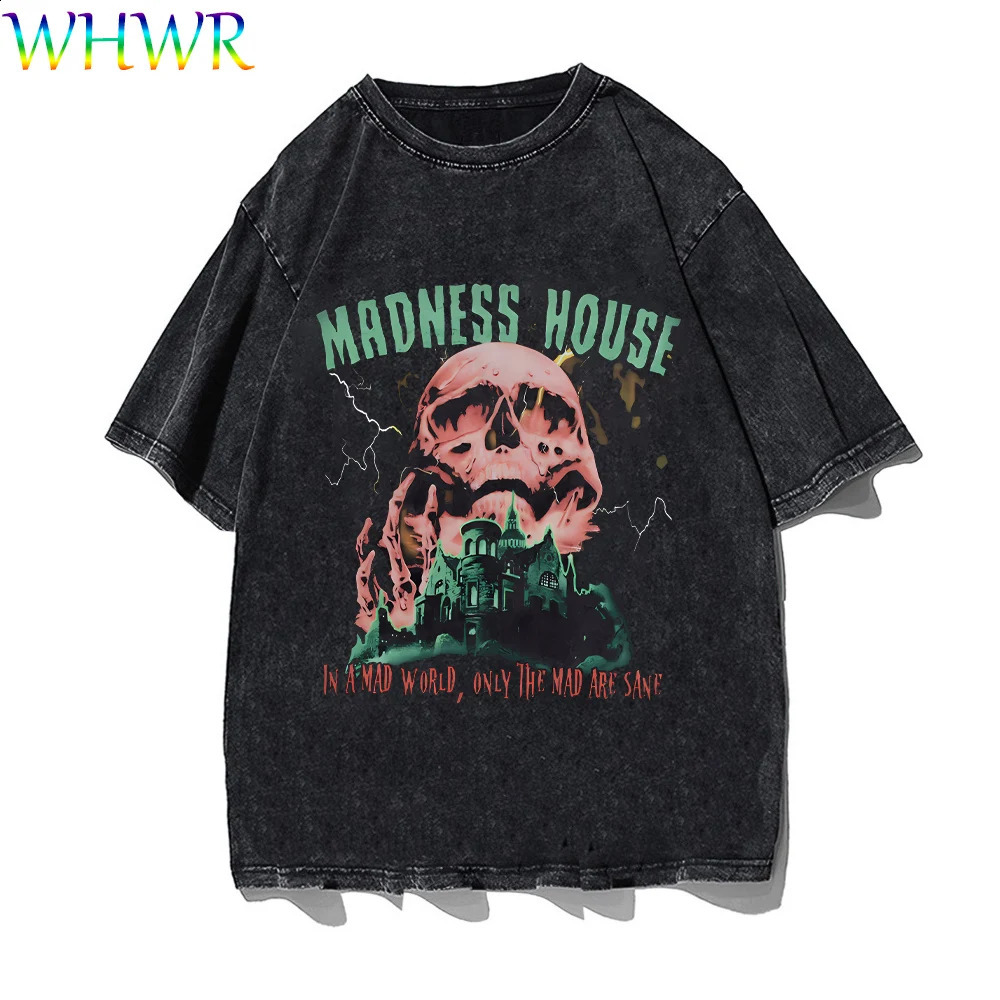 Gothic Cotton T-shirts Oversize Vintage T Shirt Casual Skeleton Ptint Tshirt Men Washed Short-sleeved Tee Streetwear Y2k Tshirts 250317