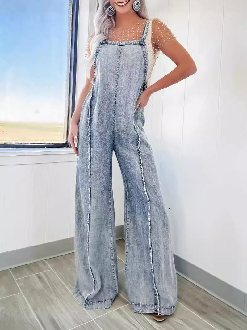 Womens Clothing Spring New Loose Overalls Women Retro Washed Raw Edge Wide Leg Jumpsuit