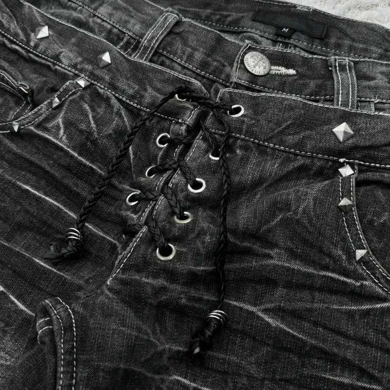 Y2K vintage jeans with damaged holes washed Gothic style jeans high-quality trend double waist adder mens pantsT250319