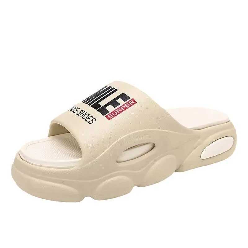 Mens Thick Bottom Summer Beach Slide Bathroom Non slip Slide Soft Sandals Simple Tea Lamp Letter Shoes Mens Slide Y250320