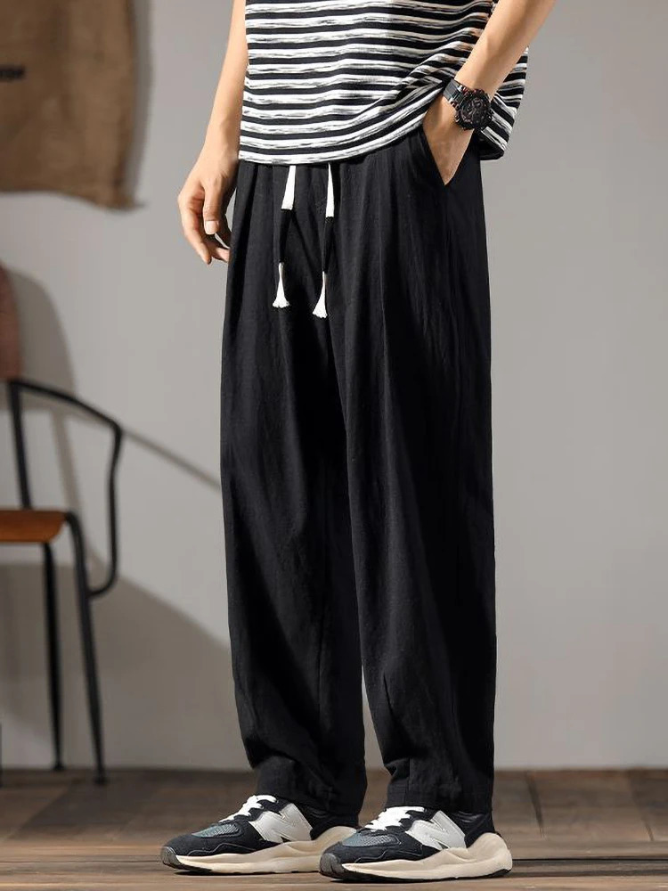 Japenese Cotton Linen Pants Men Summer Straight Casual Ice Silk Sweatpants Male Wide leg Oversize Linen Trousers 2024 250312