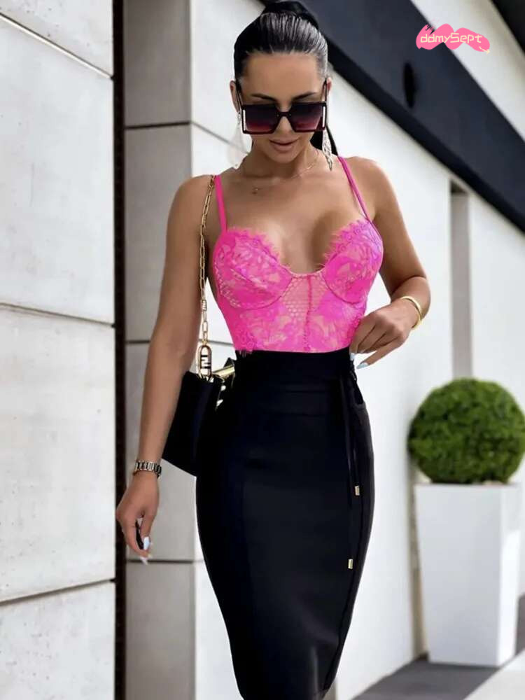 2025 Women Hot Pink Black White Bodycon Bandage 2023 Designer Waist High Street Party Club Pencil Skirt 55cm ddmySept
