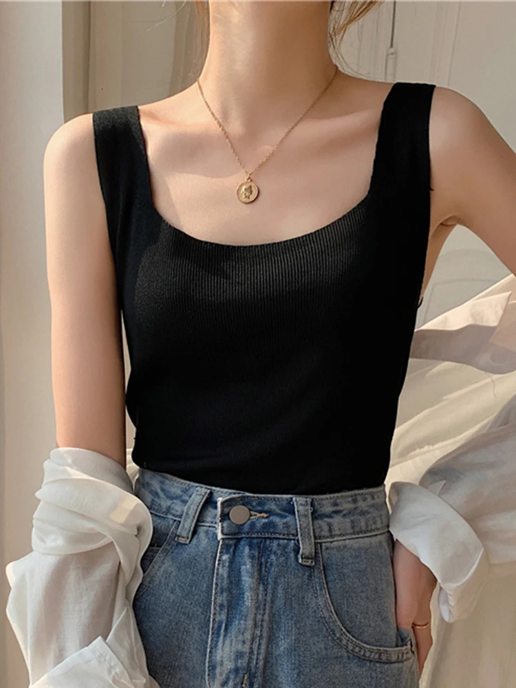 2025 Summer Knitted Tops Neck Summer Basic Shirts White Black Casual Sport Vest Off Shoulder Green Womens Tank Top 250320