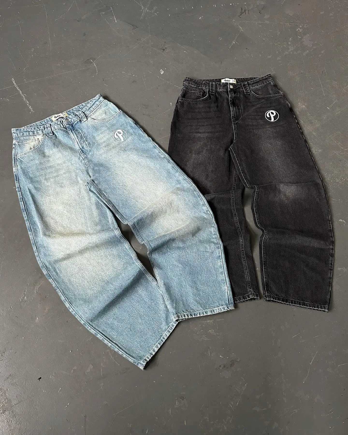 Protective jeans Y2K mens hip-hop letter embroidered pocket jeans new punk rock high waist wide leg Trouser streetwearT250319