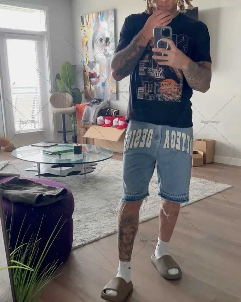 American Street Harajuku Retro Denim Shorts with Letter Embroidery Oversized Jeans Men Y2k Loose Casual Versatile Shorts Women W250319