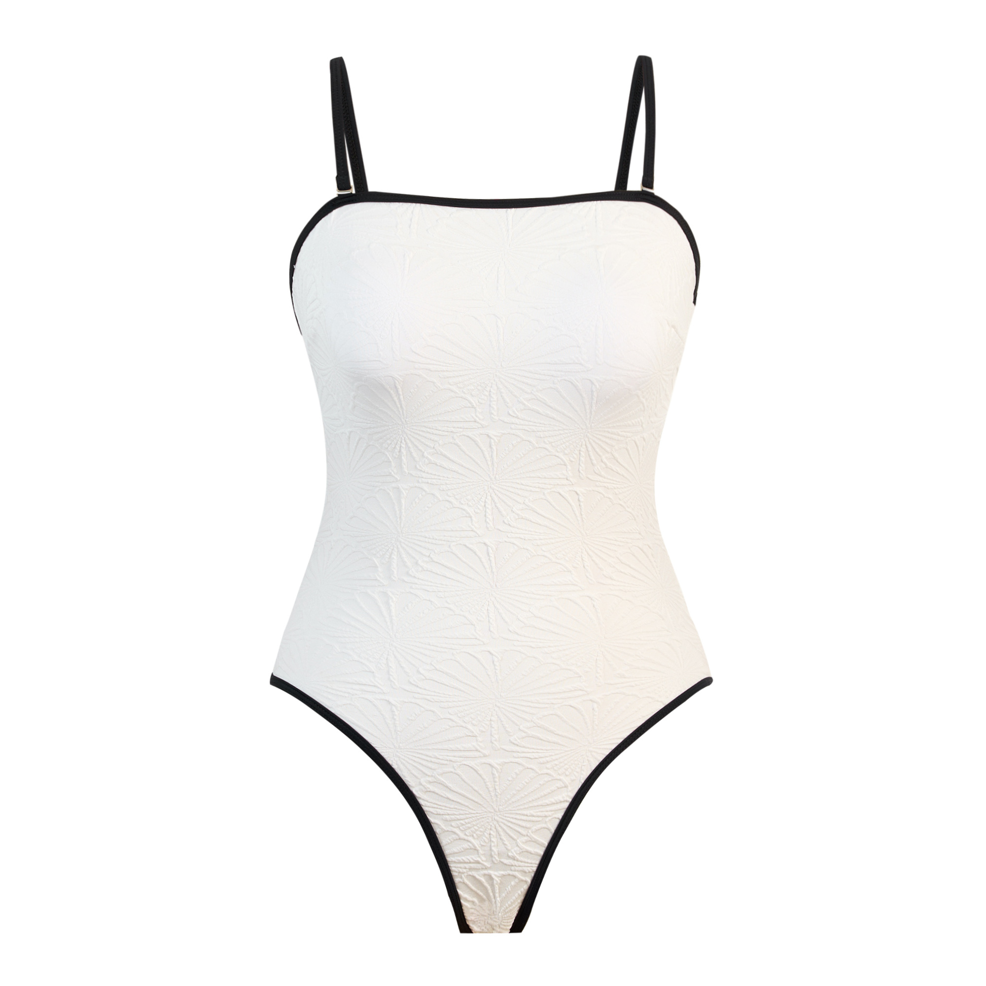 Trendy Women Textured Swimsuit Modest One Piece Swimwear Soft Pads Bandeau Ladies Spaghetti Strap Contrast Trimmed Bathing Suits Beach Wear
