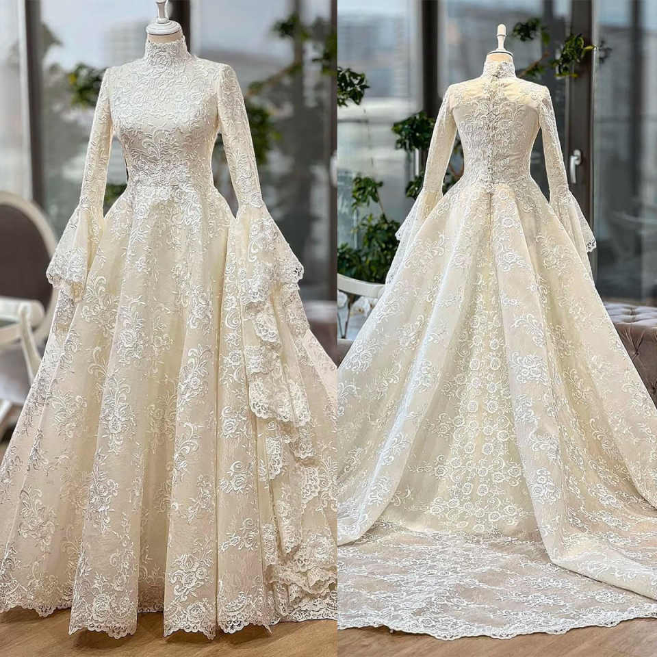 Luxury White Ball Gown Wedding Dresses Full Appliques Long Sleeves High Collar Sequins Beads Organza Bodice Bridal Gowns Chic Dubai Custom Made Vestid