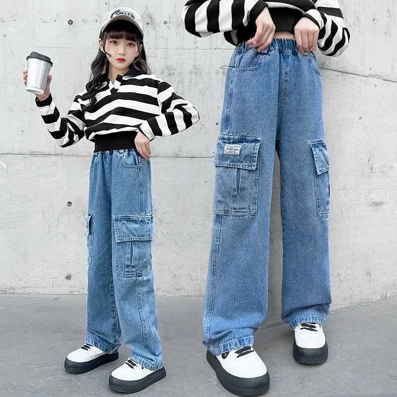 Teenage girl jeans new arrival casual fashion loose high-quality childrens leg wide pants school children Trouser 6 8 9 10 14 years oldT250326