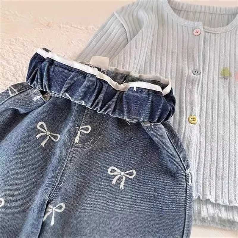 Spring and Autumn Childrens Pocket Wide Leg Jeans Comparison Loose Printed Bow Pants Boys and Girls Jeans Baby Children Trousers 2-7YT250326