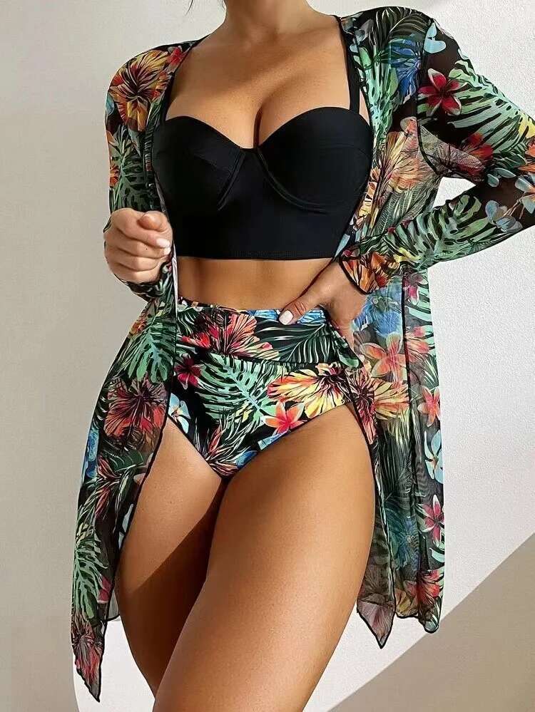 New Bikini Mesh Three Pieces Set Fringed Sexy Slit Printed Swimwear