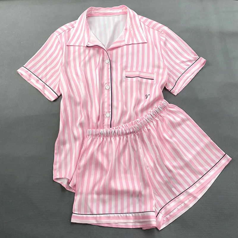 Womens pajama set summer 2piece short sleeved top and synthetic silk satin soft stripe printed home clothes 250320