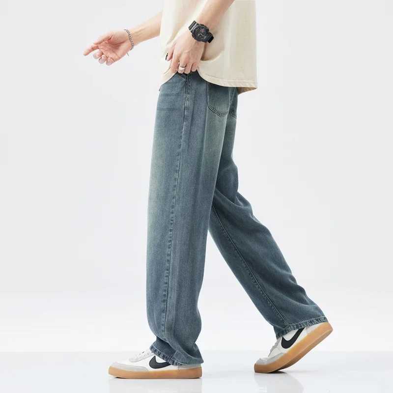 New Lyocell wide pocket jeans for mens fashion Korean straight stretch mens casual denim pantsT250319