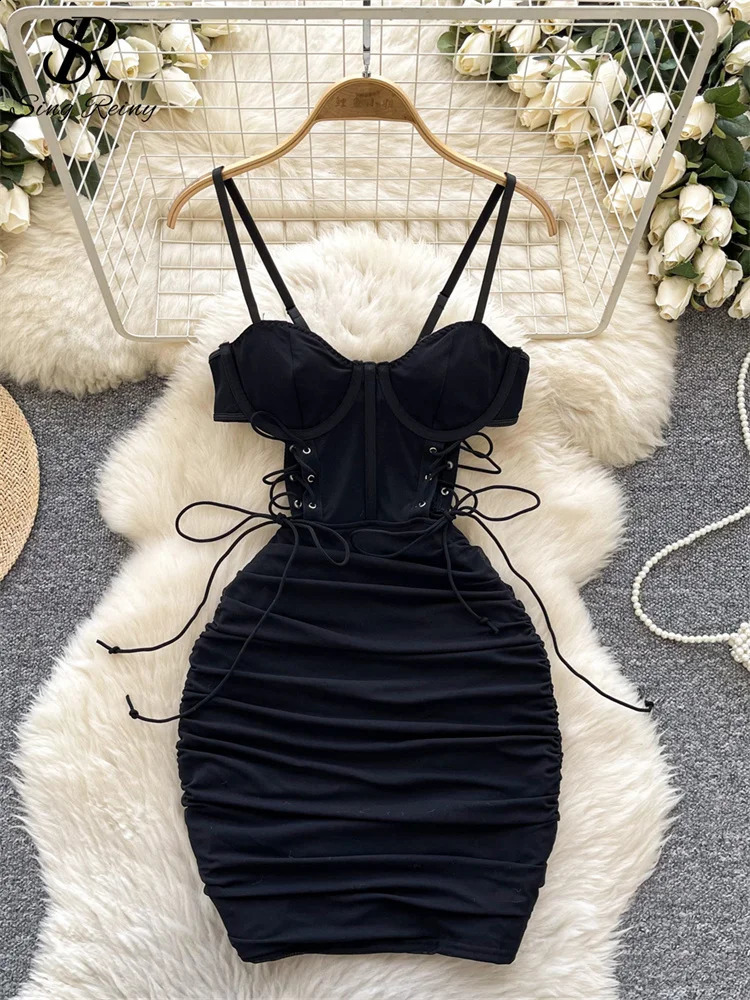 SINGREINY Summer Short Strap Dress Ladies Strapless Lace Up Hollow Out Pleated Slim Fit Print Sexy Clubwear Bodycon Dress 250317