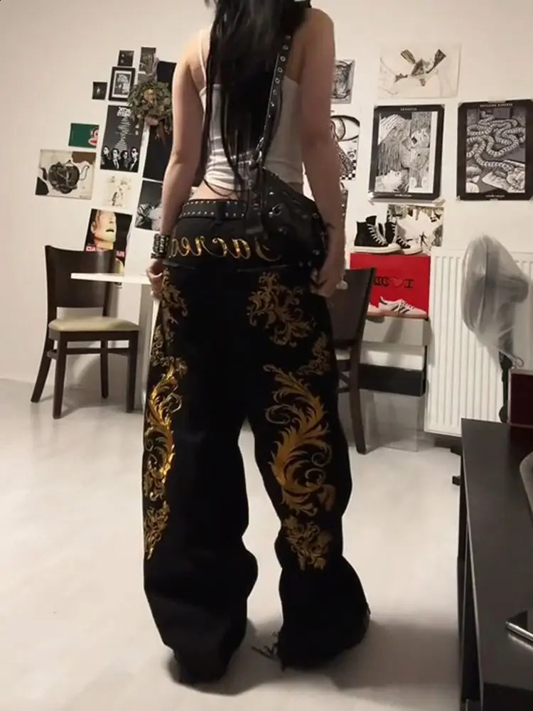 American Retro Dragon Print Straight Jeans Millennium Subculture Fashion Girl Jeans Harajuku Hip Hop Y2k Pants Baggy Jeans 250319