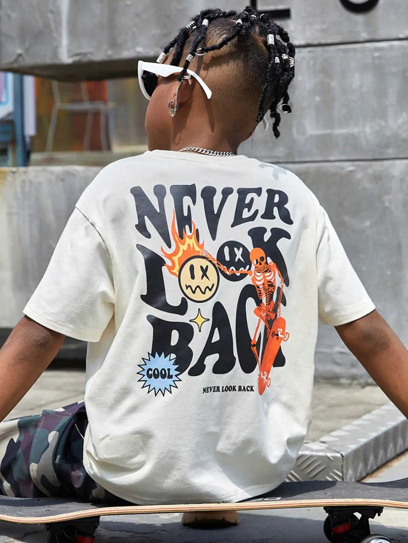 Summer hot selling casual round neck outdoor short sleeved text boy slogan and cartoon face printed T-shirtT250320