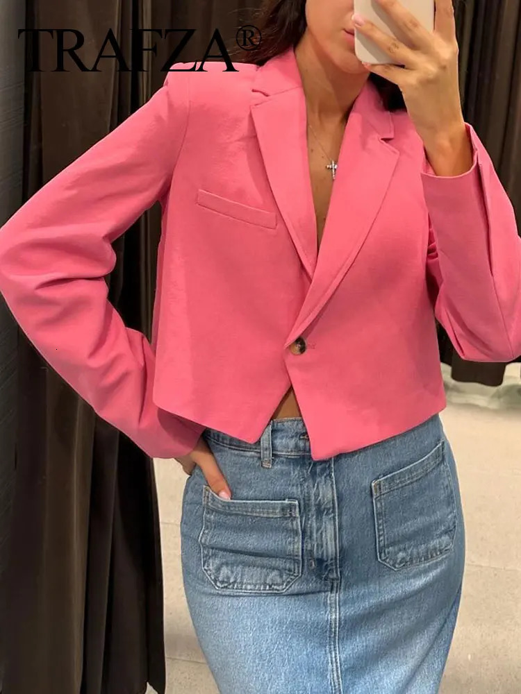 TRAFZA Women Cropped Blazer Coat Sweet Pink Single Button Long Sleeve Slim Jacket Spring Autumn Female Commuting Suits Outwear 250314