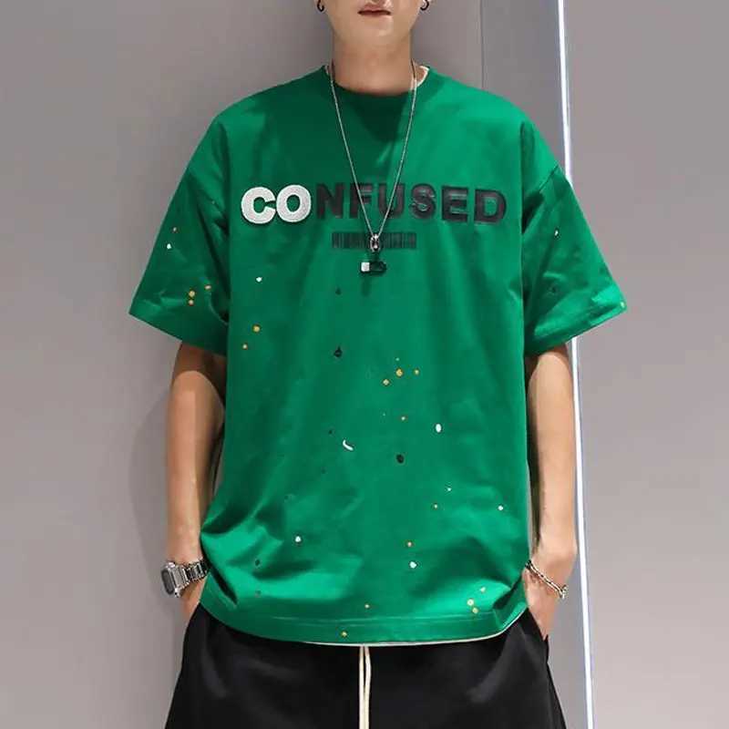 Summer letter printed loose T-shirt basic mens O-neck casual short sleeved fashion hand-painted latte artT250319